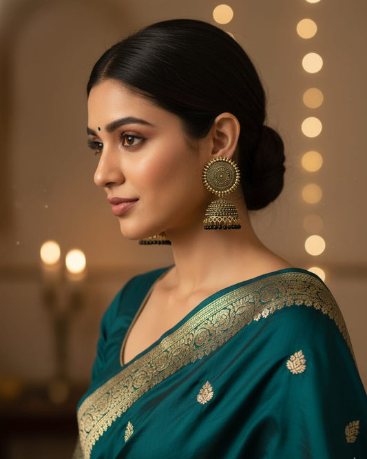 Woman wearing a teal saree with gold embroidery against a warm, blurred background