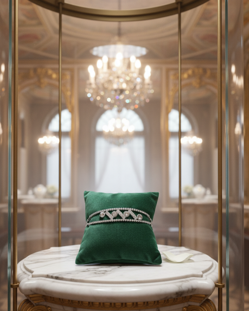 Green pillow with a diamond tiara on a marble table in an opulent room with chandeliers.