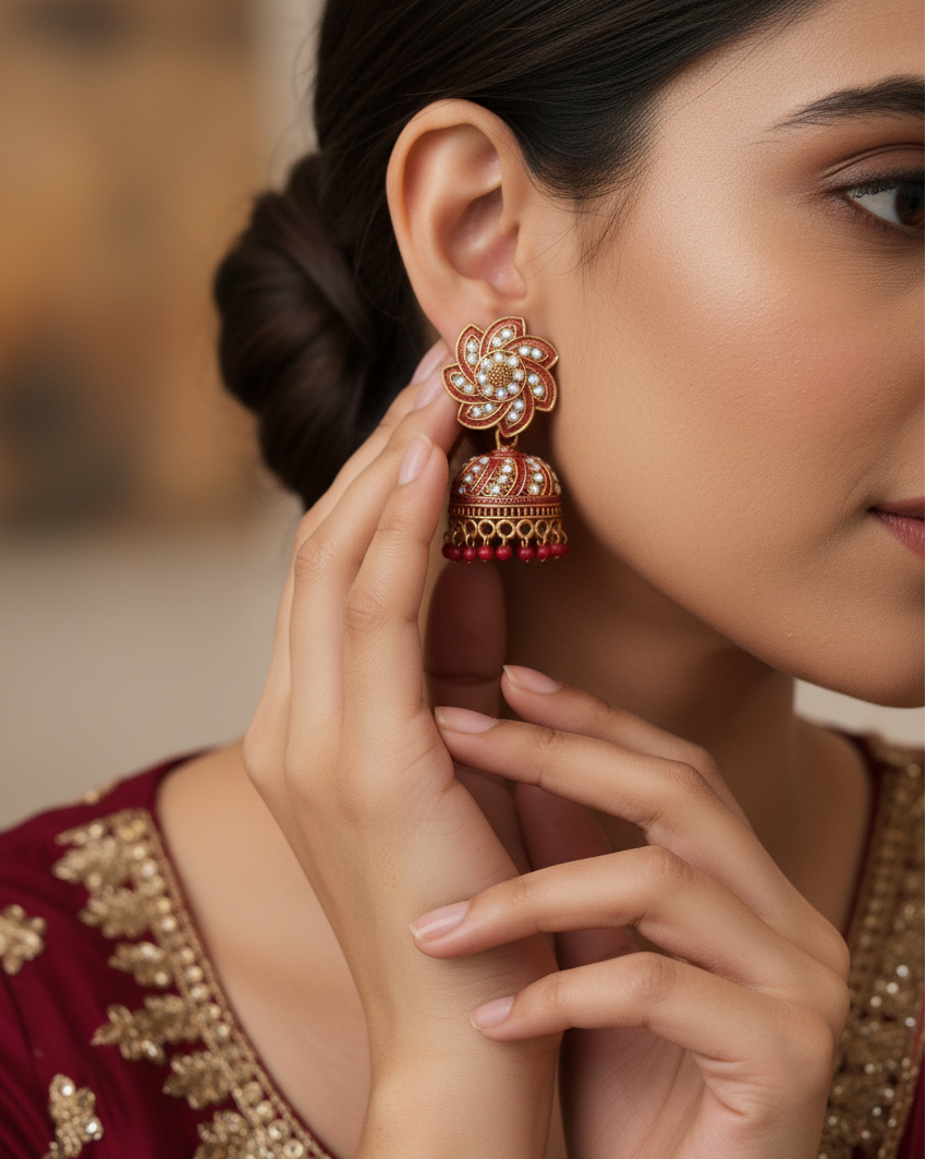 Close-up of a woman wearing a gold earring with a blurred background