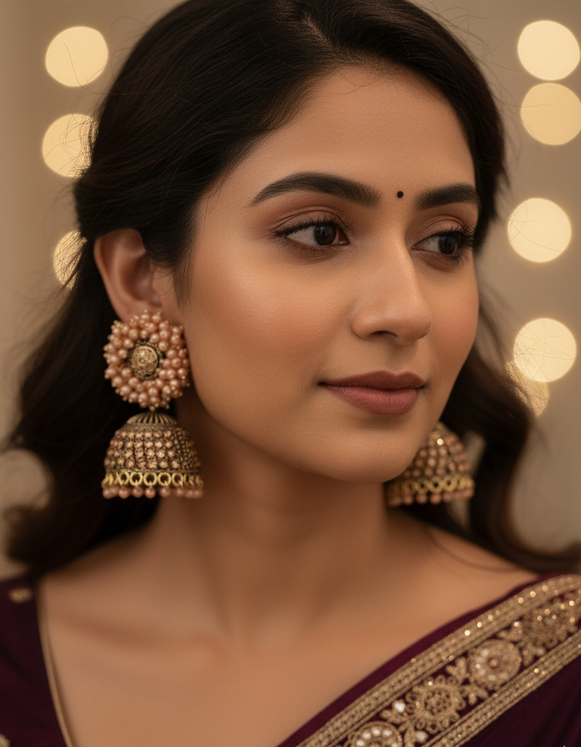 Woman wearing traditional earrings and a saree with decorative patterns.