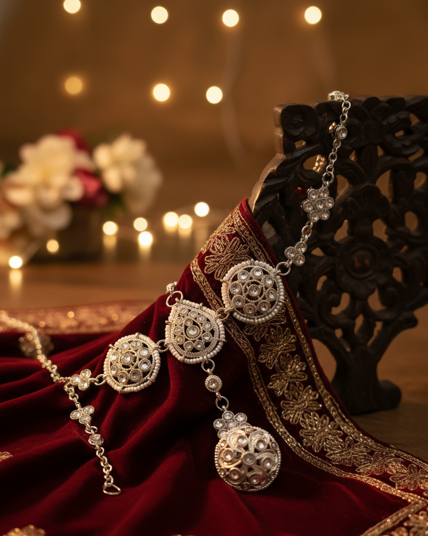 Ornate necklace on a red fabric with blurred lights in the background