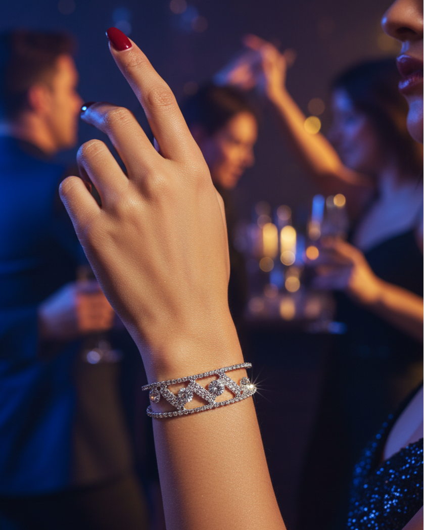 Close-up of a hand wearing multiple bracelets with a blurred social event background