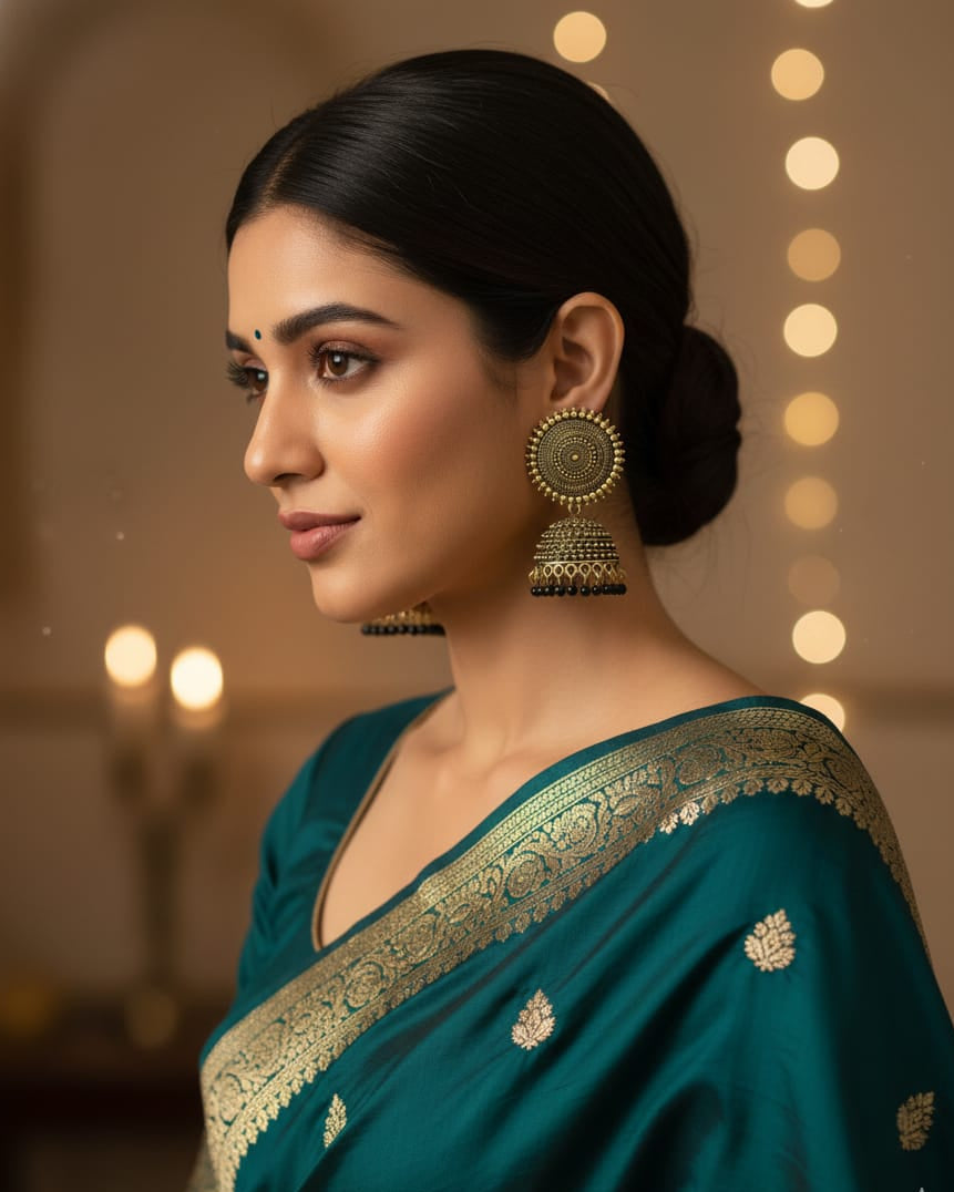 Woman wearing a teal saree with gold embroidery against a warm, blurred background